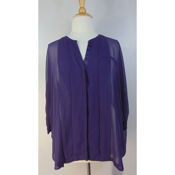 Womens Plus Size 26/28 Purple Sheer Chiffon Tunic Blouse 3/4 Sleeve Flowy Top - Picture 2 of 7